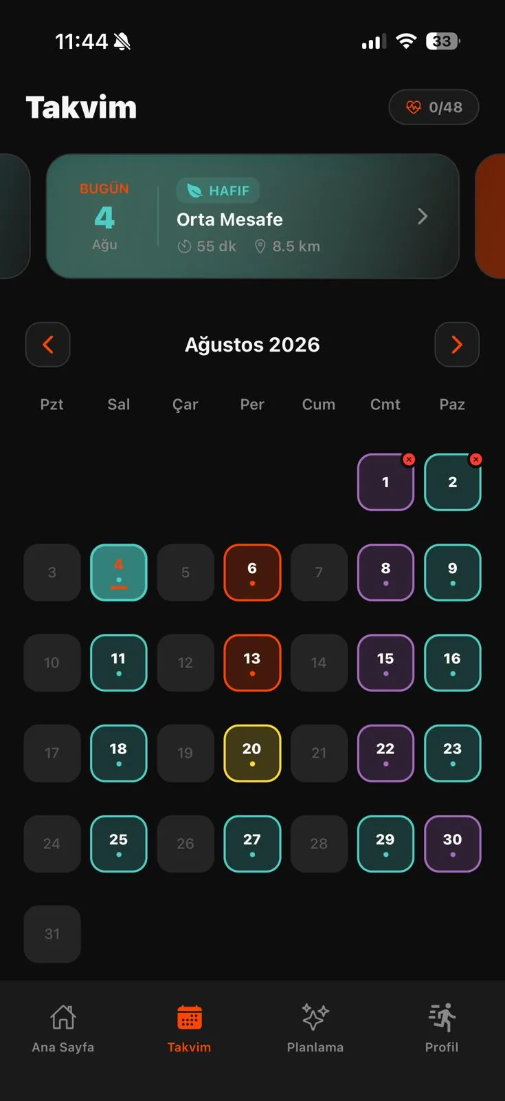 The generated programme, spread across the calendar day by day